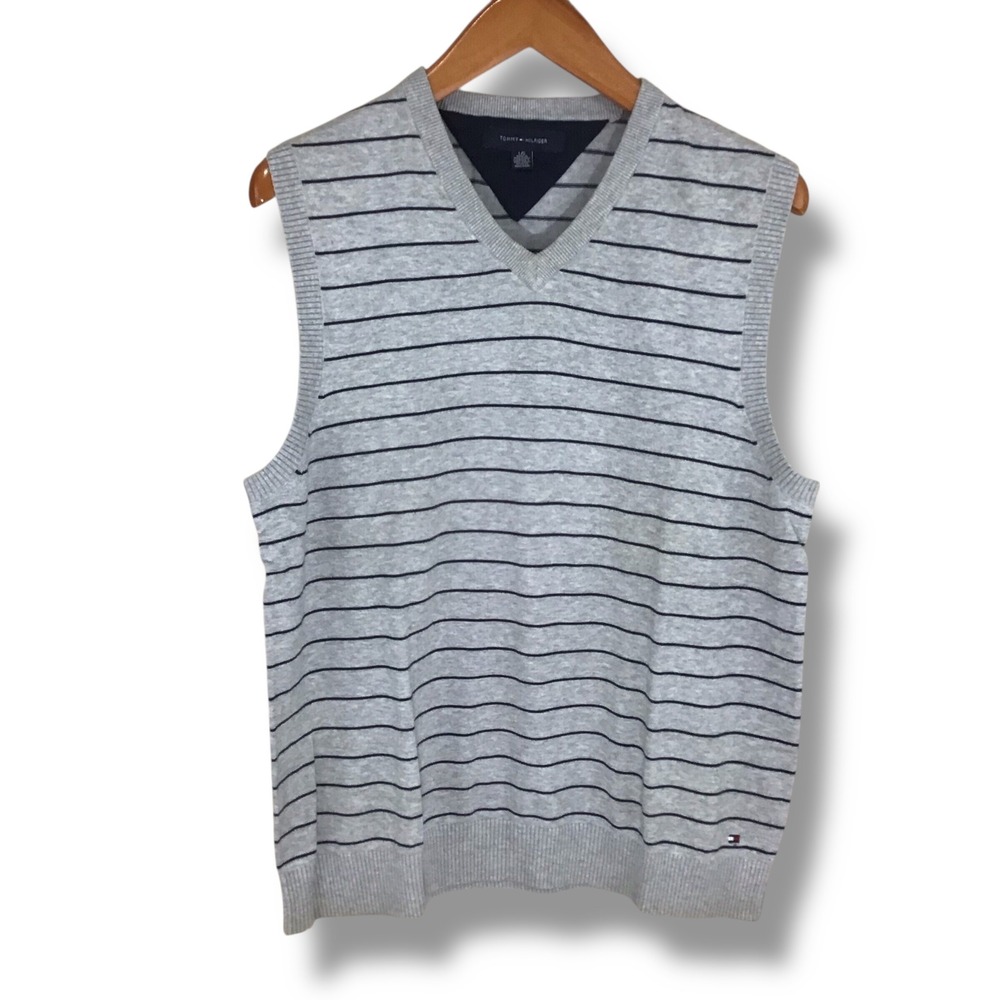 Tommy Hilfiger‎ Men's Gray Striped V Neck Sleeveless Sweater Vest L